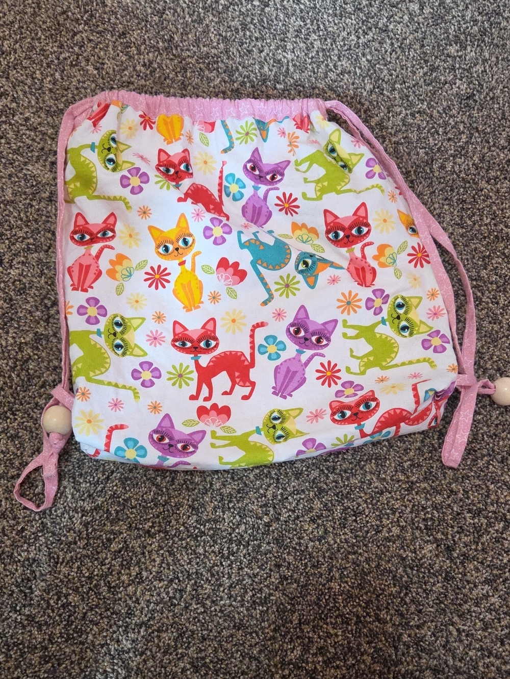 Girls Pink Cat Print Drawstring Bag with Colorful Kittens - Picture 2 of 4